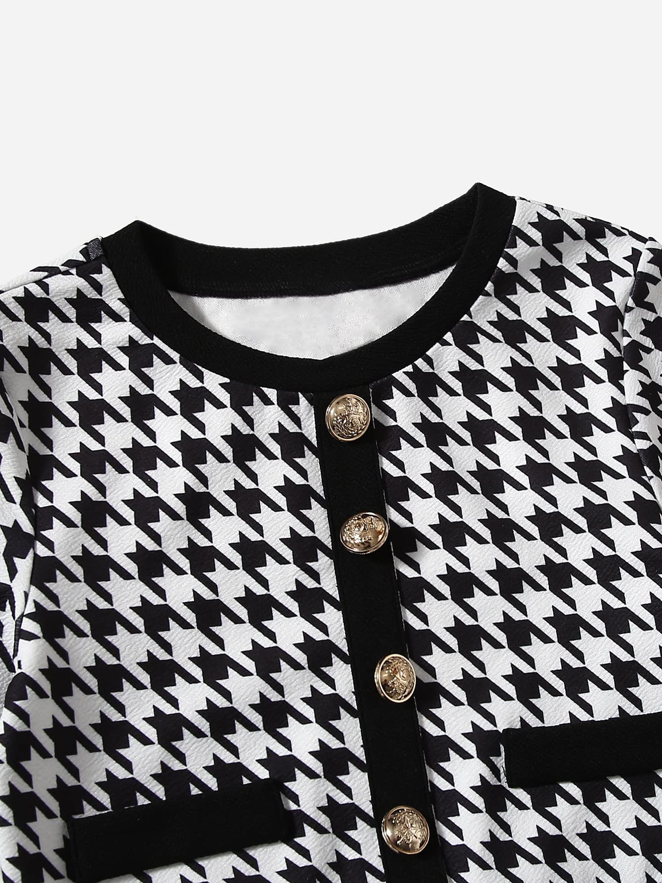 Milumia Girl's Two Piece Outfits Houndstooth Button Decor Crop Blazer Jacket and Skirt Sets Black and White 9 Years