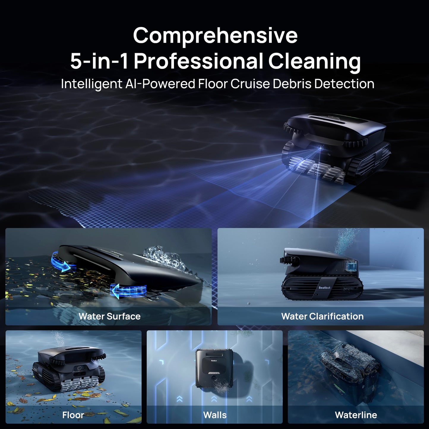 Beatbot P300 Ultra Cordless Robotic Pool Vacuum Cleaner, Complete 5-in-1 Coverage, Advanced AI Powered Technology, Clean Walls, Water Surface, Waterline, Water Clarification & Floor