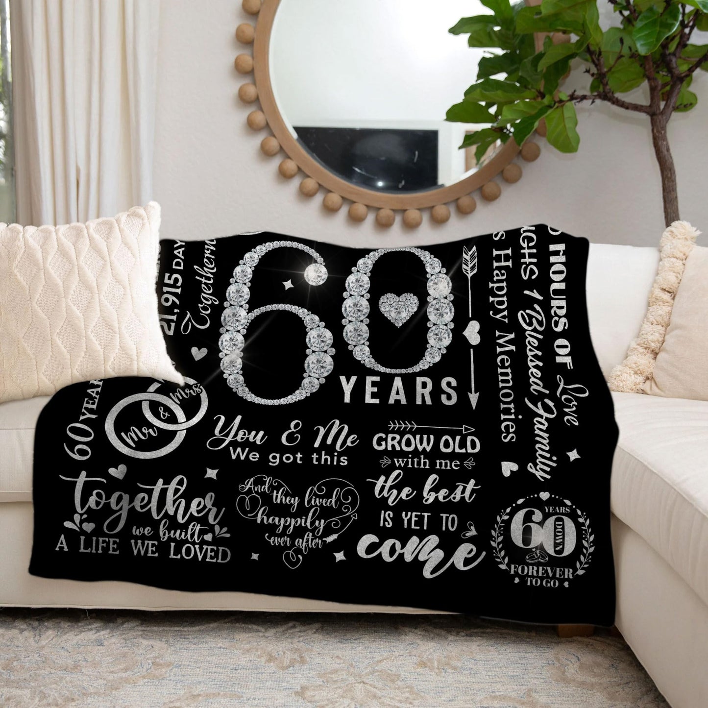MUCHNEE 60th Anniversary Blankets for Parents Grandparents, Gift for 60th Wedding Anniversary Party, 60 Diamond Years Wedding for Dad Mom, 60 Years of Marriage Throw Blanket 60"x50"