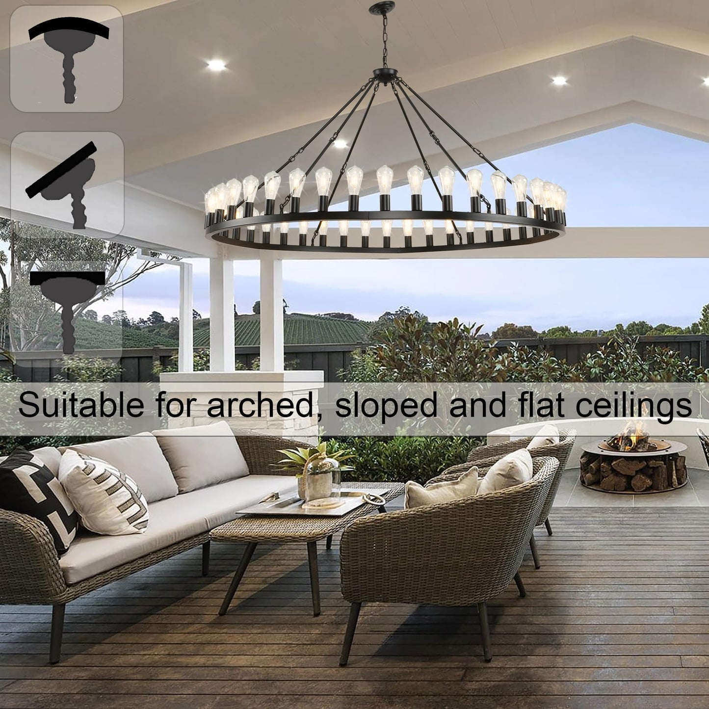 SARUDIIR Extra Large Wagon Wheel Chandelier Farmhouse 64" 42-Light Black Farmhouse Round Wheel Chandelier Light fixtures for Outdoor Porch high Ceilings Dining Room Living Room