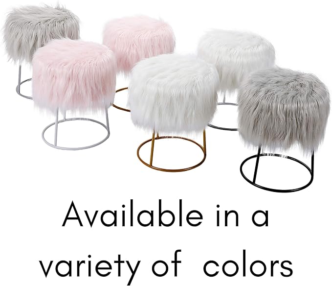 BIRDROCK HOME Round Faux Fur Foot Stool - Small Padded Ottoman w/Soft Cushion for Living Room, Bedroom, or Makeup Room - Modern Upholstered Accent Chair, Vanity Seat, Footrest for Couch/Sofa - White