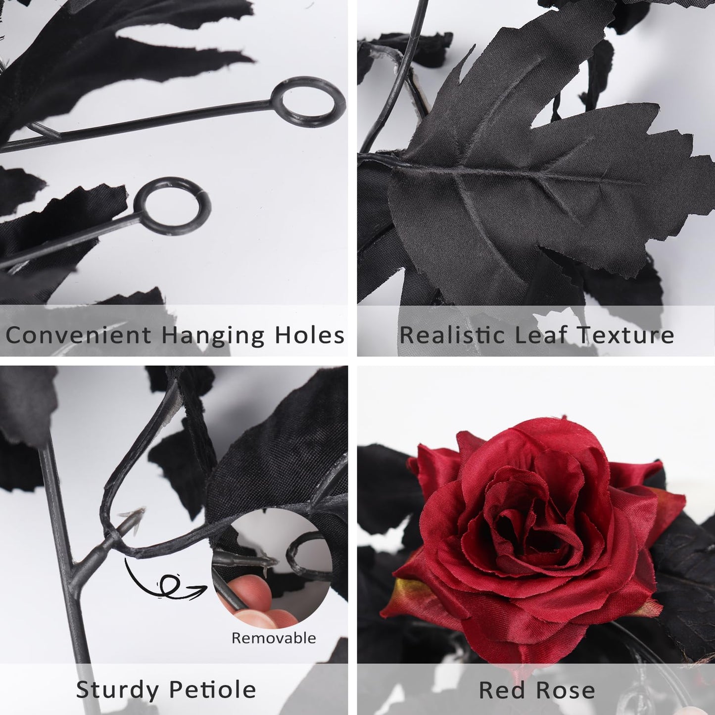 RECUTMS 2Pcs Black Fall Maple Leaf Garland with Red Roses 5.7Ft Fake Hanging Rose Vines Artificial Rose Flower Garland Black Halloween Wreath for Autumn Fireplace Indoor Outdoor Thanksgiving Decor