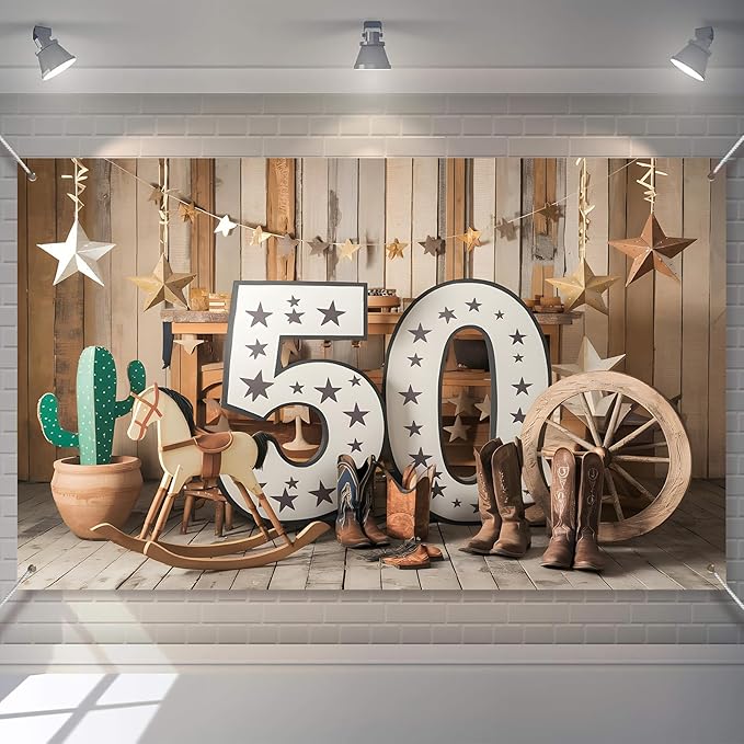 MOXDBT 50th Birthday Western Cowboy Backdrop Banner - Rustic Wild West Theme Polyester Photo Background for Party Decor, 7...