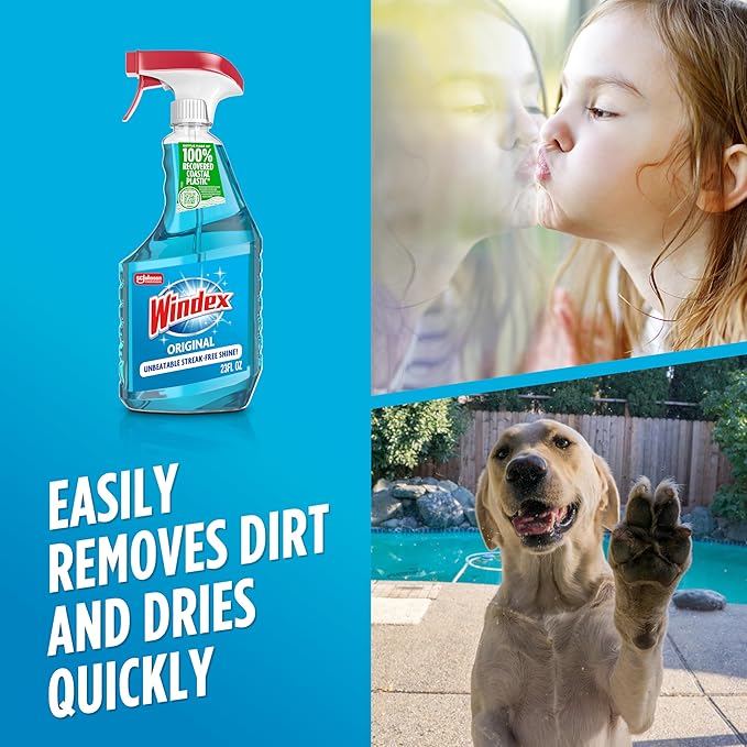 Windex Glass and Window Cleaner Spray Bottle, Packaging Designed to Prevent Leakage and Breaking, Surface Cleaning Spray, Original Blue Scent, 23 Fl Oz