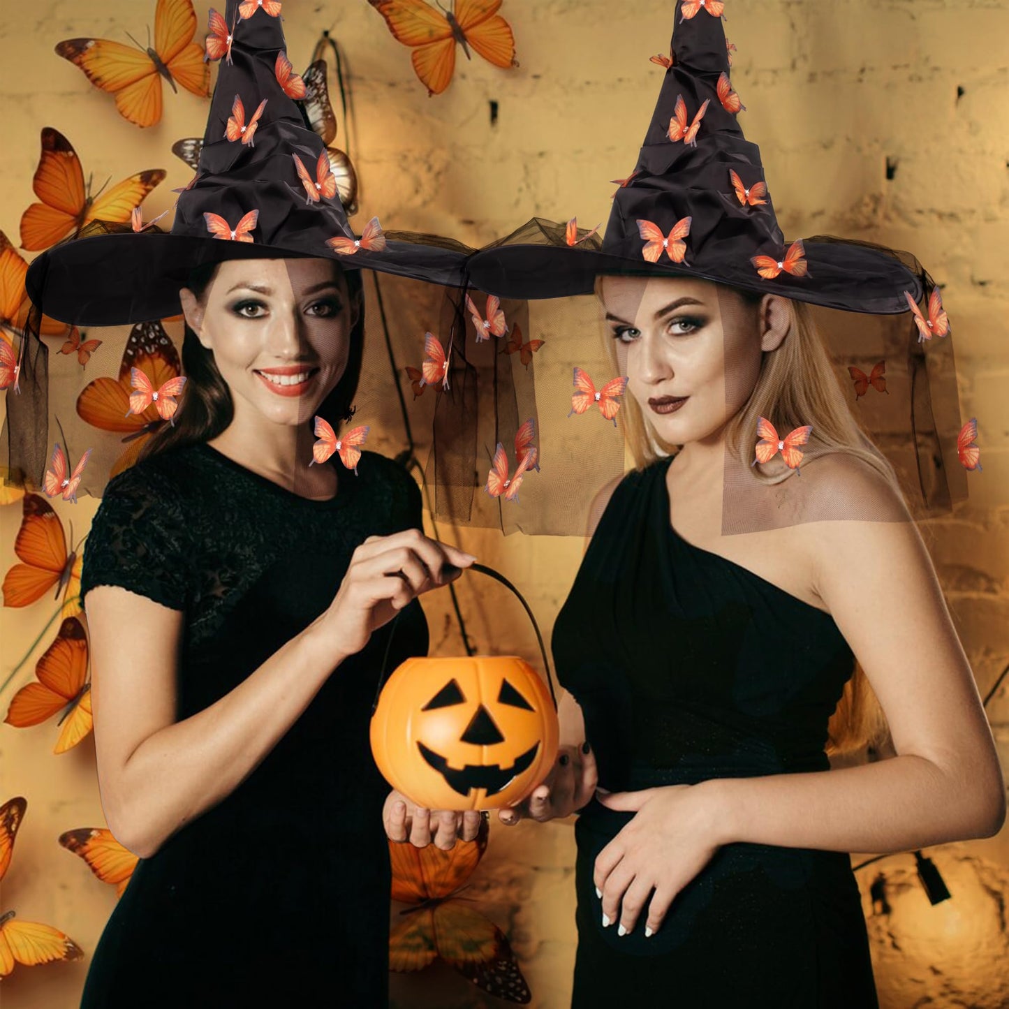 MGupzao Halloween Witch Hat - Halloween Costumes Outfit for Women, Witches hats for Women Adult Attached Butterfly and Veils, Cosplay Costume Halloween Party Favors