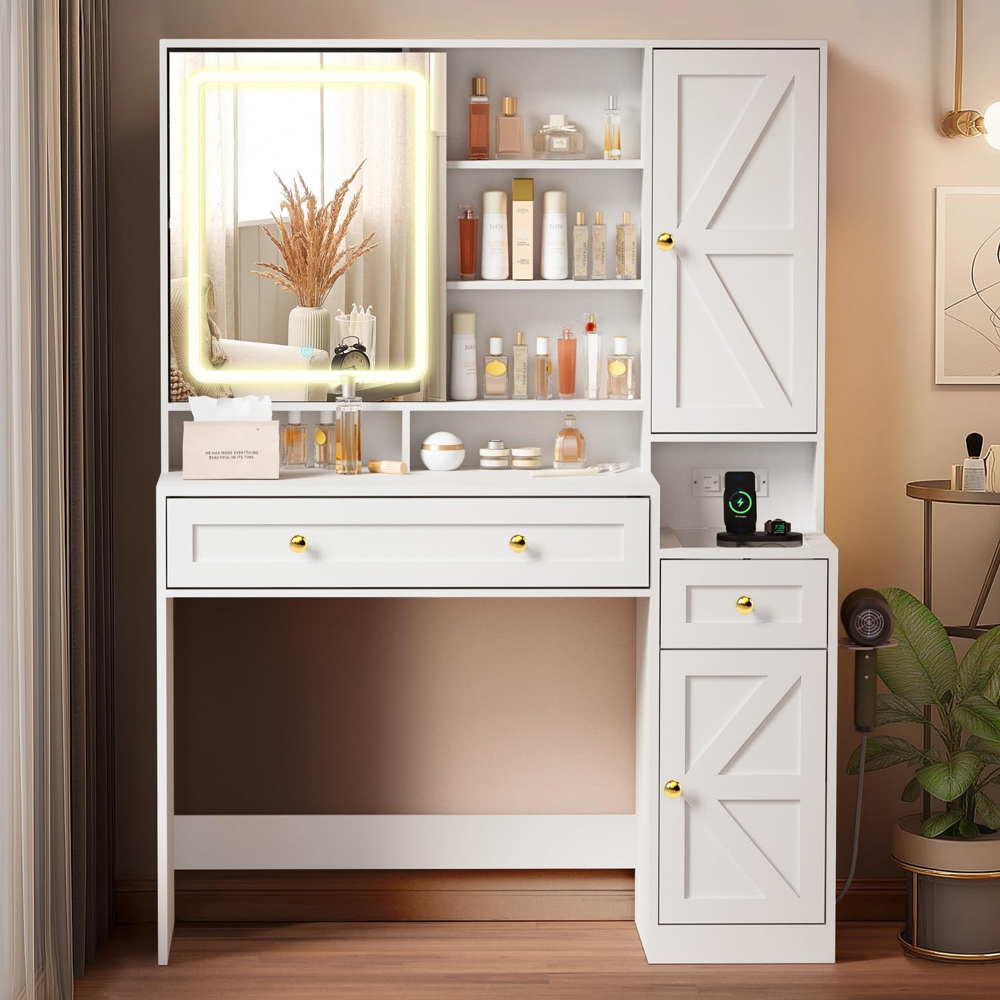 Pamapic Glass Top Farmhouse Vanity Desk with Mirror and Lights, Sliding LED Mirror Makeup Vanity with 3 Golden Handles Drawers and 12 Compartments, Jewelry Organizer 3 Color Dressing Table, Bedroom