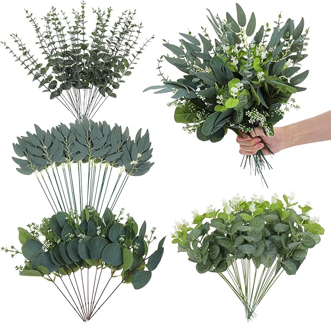 100 Pcs Mixed Eucalyptus Stems Bulk, 4 Style Artificial Silver Dollar Eucalyptus Leaves for Wedding Centerpieces, Faux Gre...