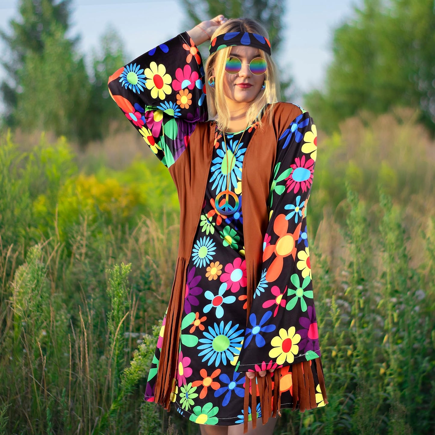 SATINIOR Hippie Costume Set Women 60s 70s Disco Outfits Halloween Party Dress Accessories for Adult(XL)