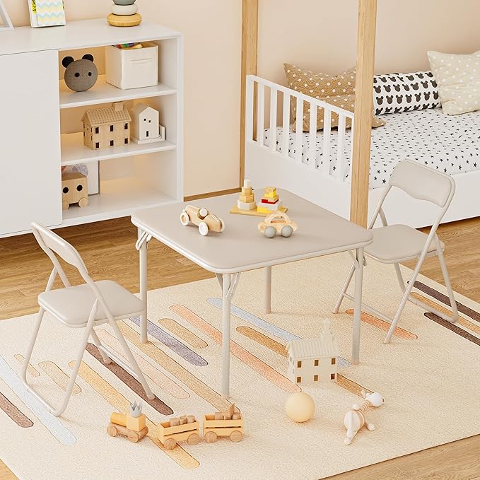 IDEALHOUSE Boys and Girls Folding Table and Chairs Set of 3, Portable Table and Chair with Pu Soft Cushion,Suitable for Ea...