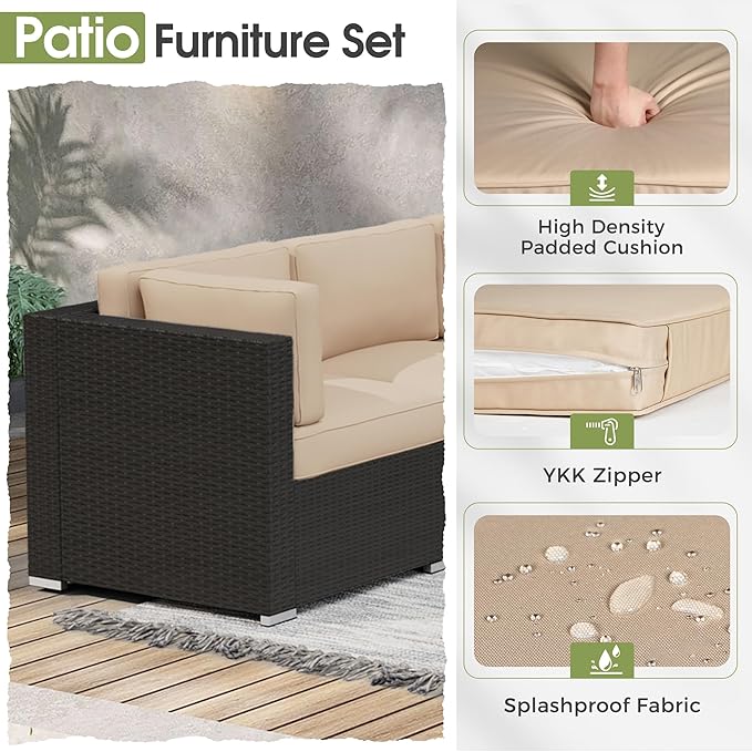 Crownland 7 Pieces Outdoor Patio Furniture Sets, All-Weather Black Wicker Rattan Sectional Sofa, Modern Glass Coffee Table and Washable Seat Cushion with Zipper,Light Brown