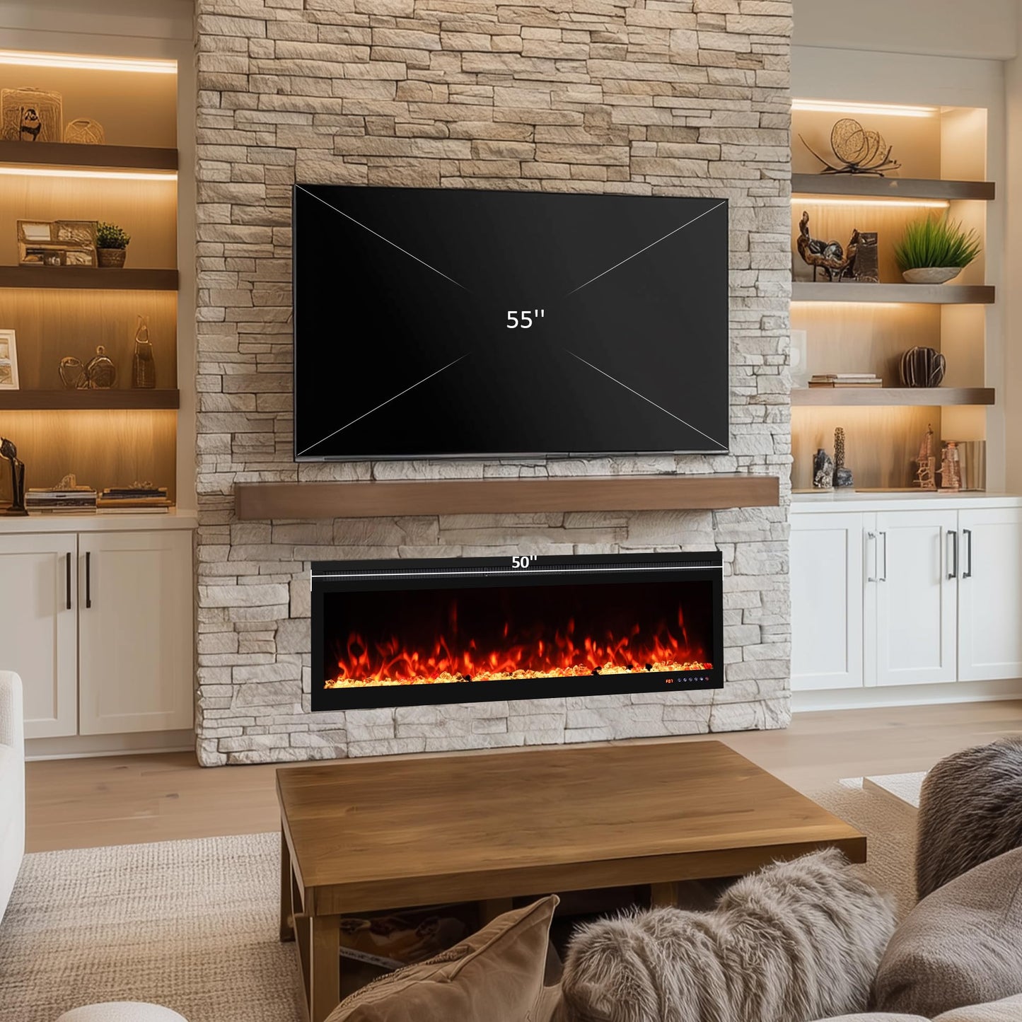 Oxhark Flame 50 Inch Smart Electric Fireplace Insert with Heater, Recessed or Wall Mounted, Remote and App Control, 9H Timer, Adjustable Realistic Flame Effects, 1500W Heater