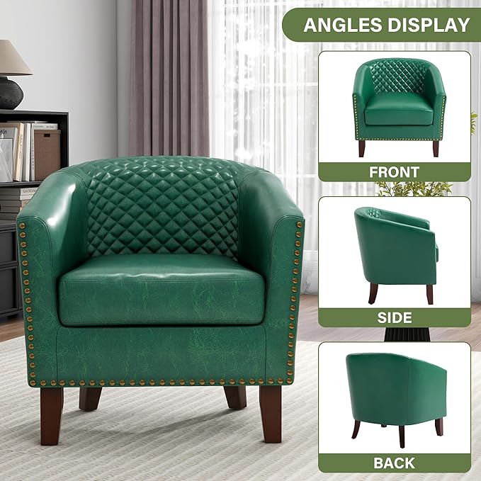UIXE Faux Leather Barrel Accent Chairs Set of 2, Modern Club Upholstered Arm Chair, Comfy Armchair Nailed Trim Living Room Single Sofa Reading Seat Bedroom Side Sitting for Office, Green