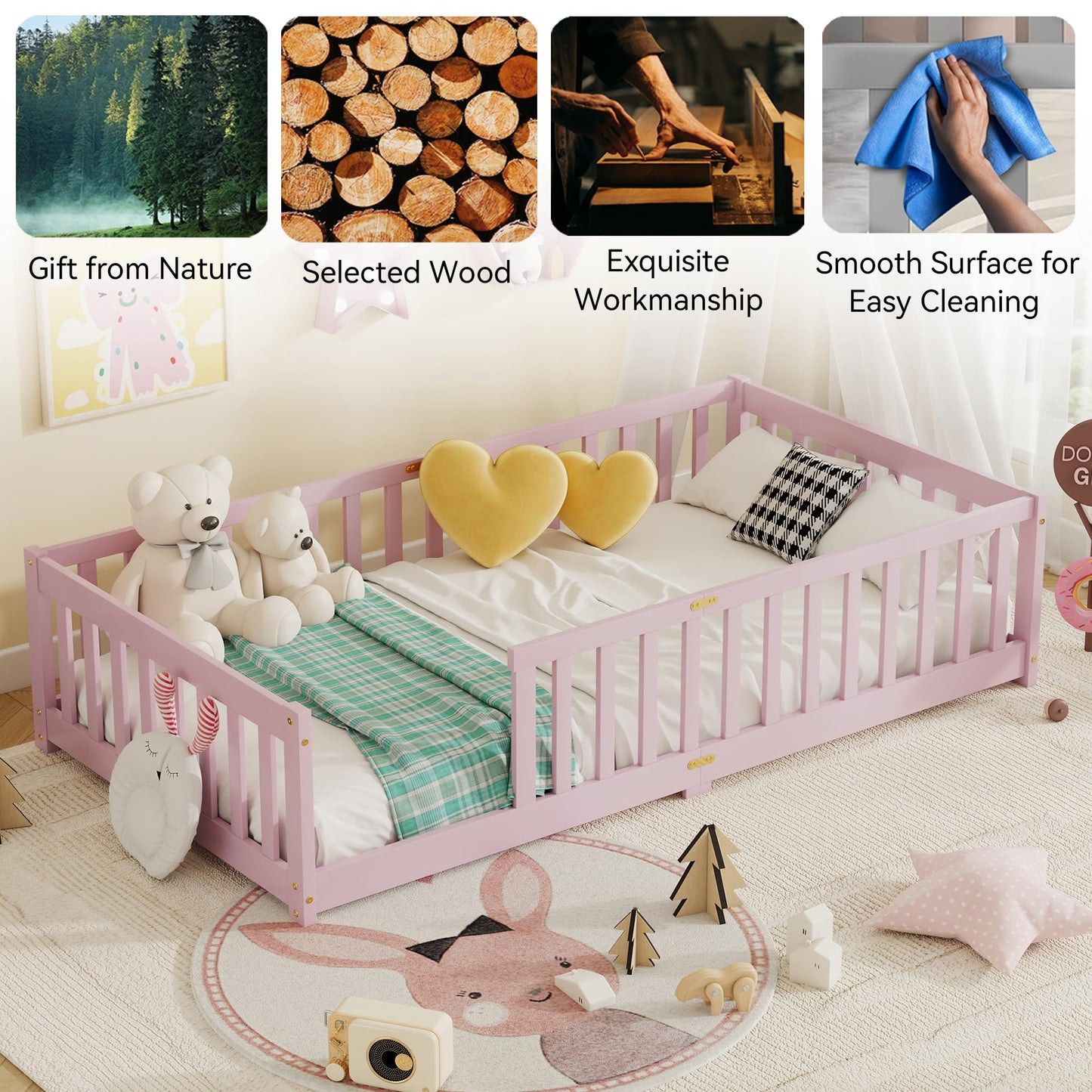 Duxelifin Twin Toddler Floor Bed, Wooden Montessori Bed Frame for Kids, Twin Size Bed Frame with Rails for Kids, Boys and Girls, No Box Spring Needed, Pink