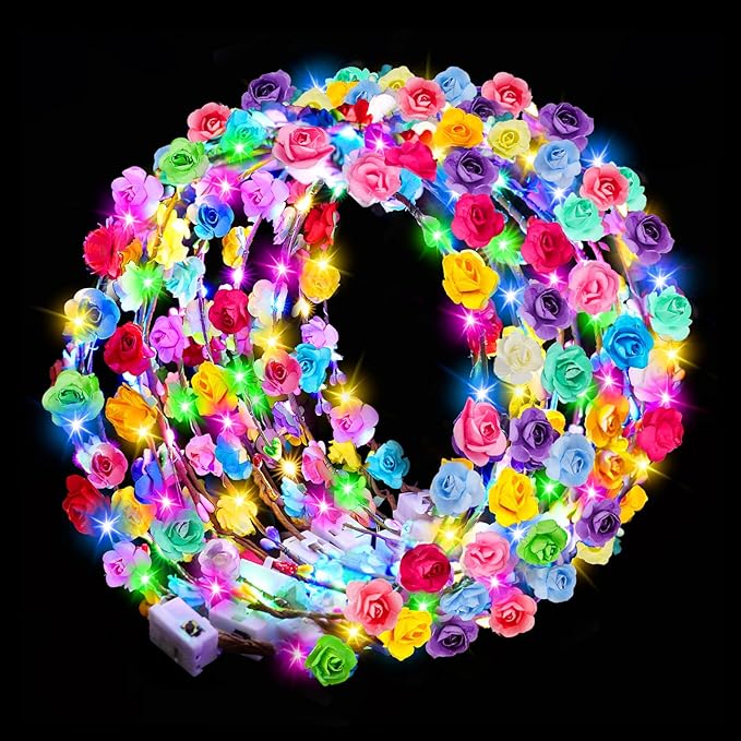 Valentines Day Gifts, 24 PCS LED New Year Flower Crowns Headbands, Light Up Flower Crowns for Women & Girls, Glow in The D...