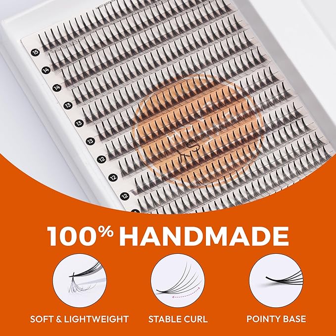 Eyesy Lash 448 Narrow Promade Fans - 10D 0.07mm Thickness C Curl 9-15mm Mixed Lengths - Mega Volume Eyelash Extension Long Stem Narrow Premade Lash Fans Fluffy Pre Made Eyelash Extension Trays