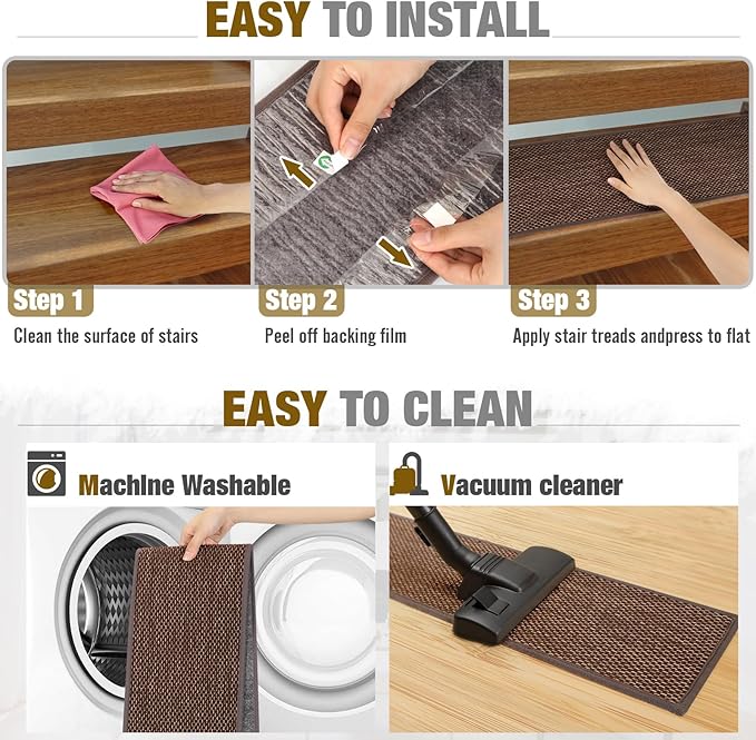 Stair Treads Non Slip for Wooden Steps Indoor 9" x 36" 8 Pack Extra Wide Stair Tread Carpet Stairs Runner, Step Pads with Reusable Adhesive for Dogs Kids Elders, Machine Washable, Brown