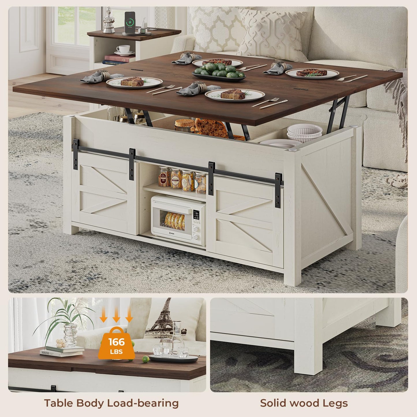 UPOSOJA Lift Top Coffee Table for Living Room with 4 Sliding Barn Doors, 4 in 1 Farmhouse Coffee Table with Adjustable Shelves and Hidden Storage Compartment, Converts to Dining Table (Brown White)