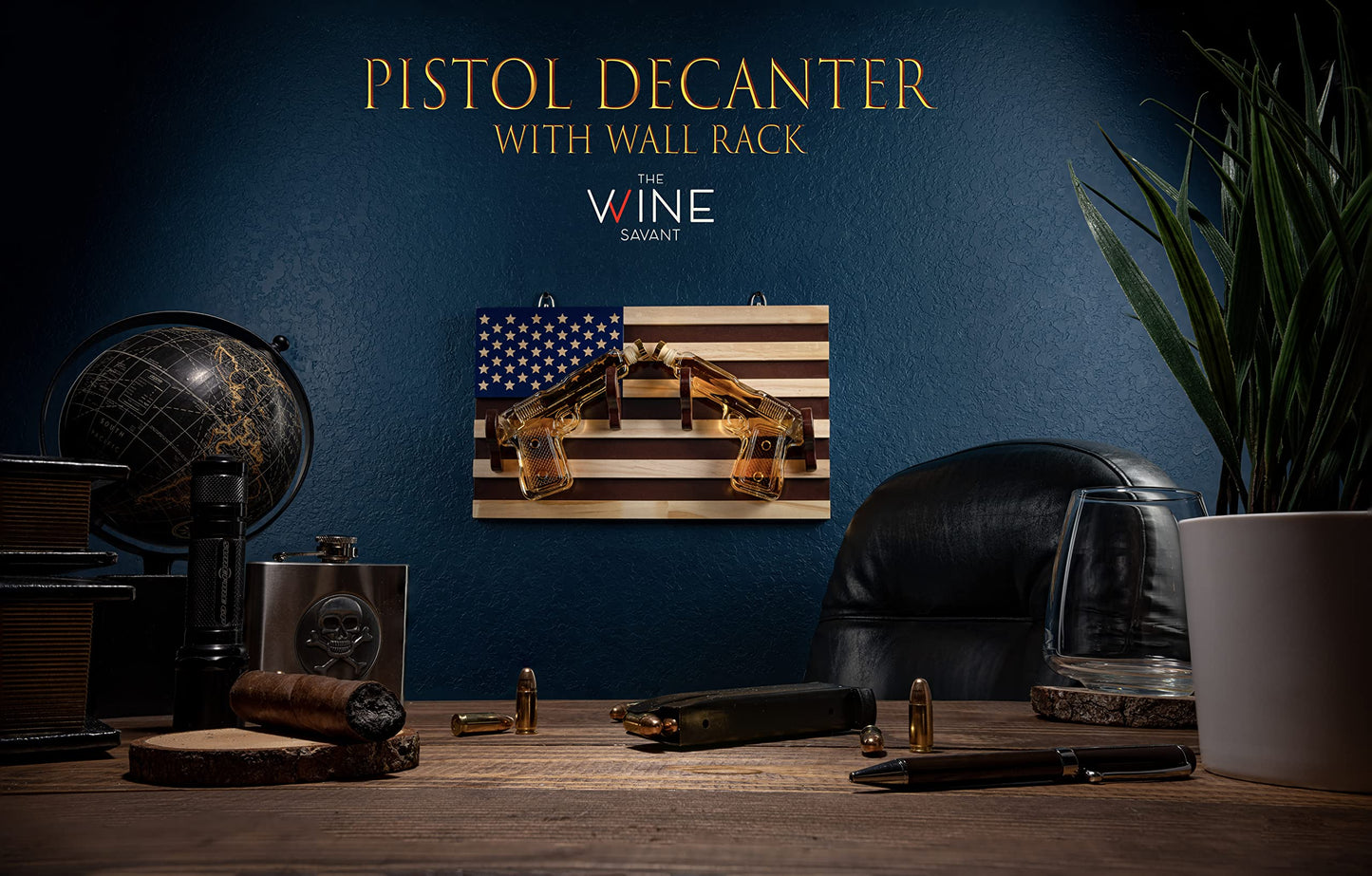 Pistol Whiskey Decanter Set of 2 300ml On American Flag Wall Rack by The Wine Savant - Tik Tok Gun Decanter, Veteran & Military Gifts, Home Bar & Law Enforcement Gifts