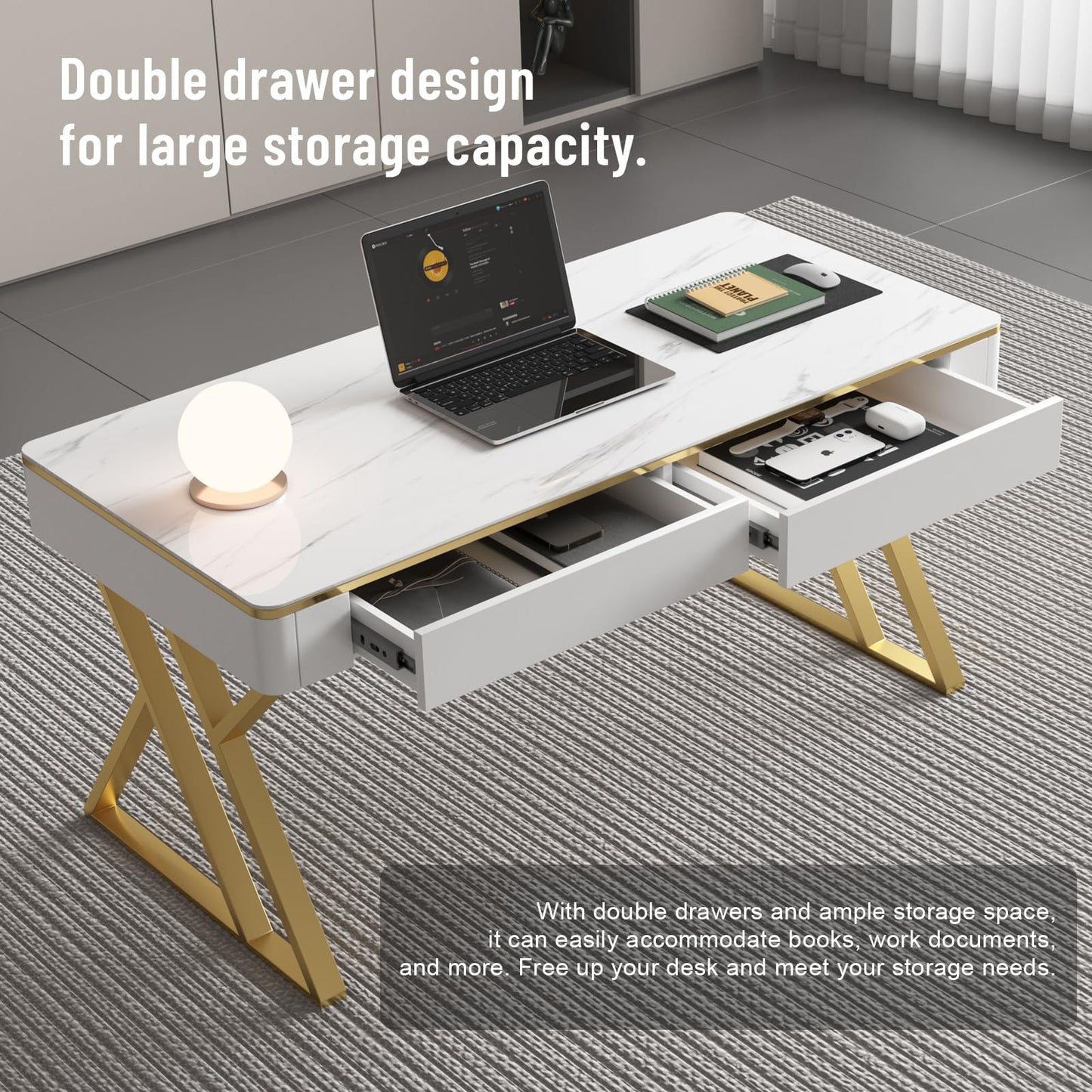 Dongge Modern Office Computer Desk with Tempered Glass Top & Marble Pattern, White Wooden Gaming Desk with Drawers, Thick Lacquered Writing Desk for Home Office, Bedroom and Living Room (XZ-104)