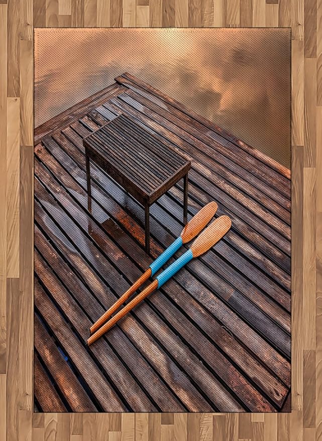 Lunarable Oar Area Rug, Paddles on Old Wooden Pier Board by The Lake Mystic Summer Background Vacation Image, Flat Woven A...