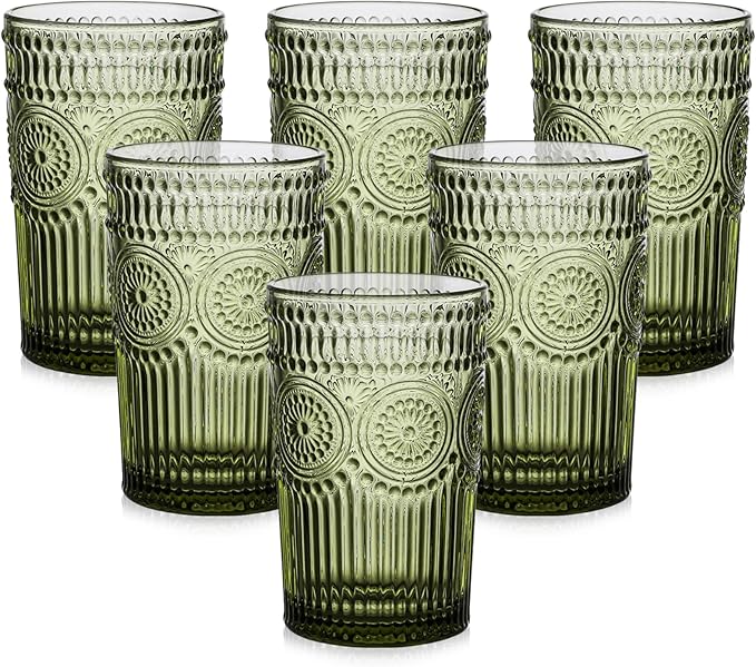 ZMOWIPDL Vintage Glassware Drinking Glasses Set of 6,13 oz Green Textured Flower Design Glass Water Tumblers，Embossed Stri...