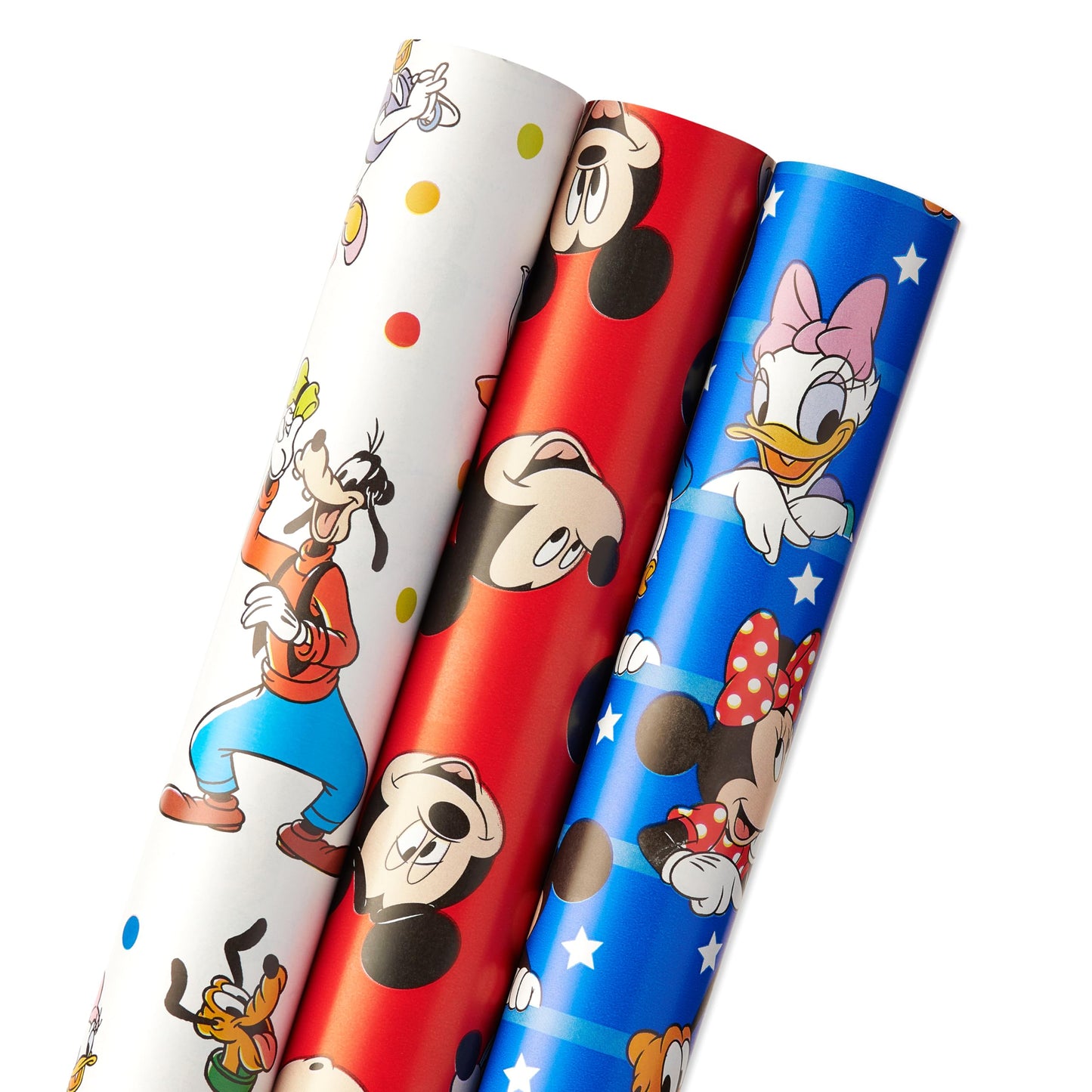 American Greetings 105 sq. ft. Disney Wrapping Paper Set with Gridlines for Kids Birthday, Baby Shower and All Occasions, Mickey Mouse, Minnie Mouse, Pluto and Polka Dots (3 Rolls, 30 in. x 14 ft. each)