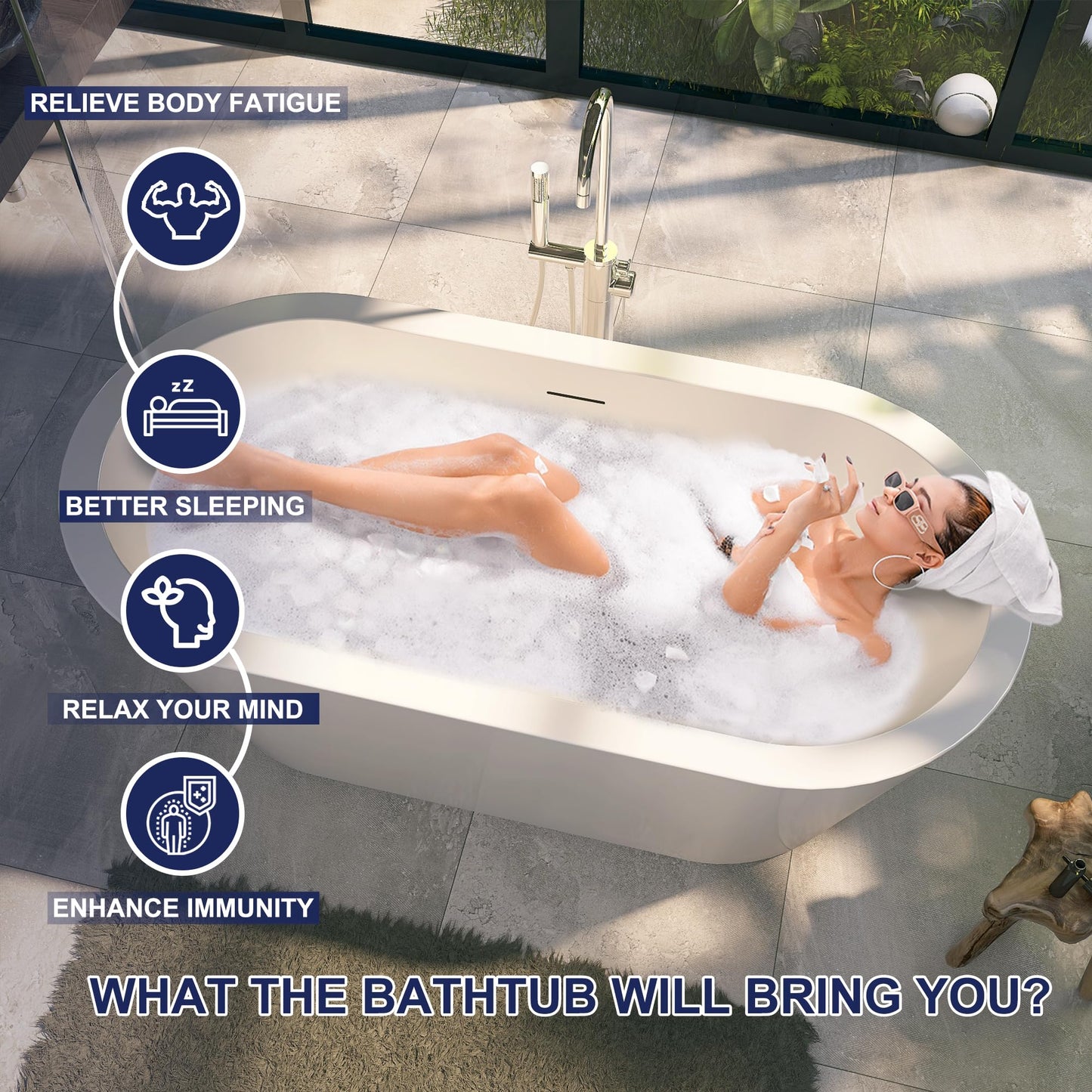 Yinzanw 64" Acrylic Free Standing Tub, Stand Alone Tub, Freestanding Bathtub, Soaking Bathtub, cUPC Certified, LT(Glossy White)