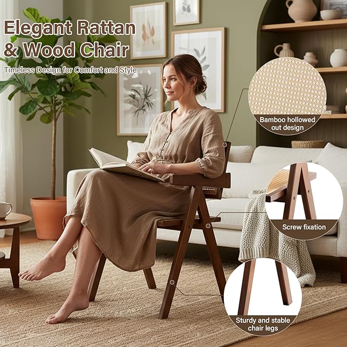 Furlide Rattan Accent Chairs, Modern Mid Century Dining Chairs Set of 4, Comfy Armchairs, Outdoor Rattan Chairs with Armrest for Bedroom Living Room Reading Room Dining Kitchen, Brown