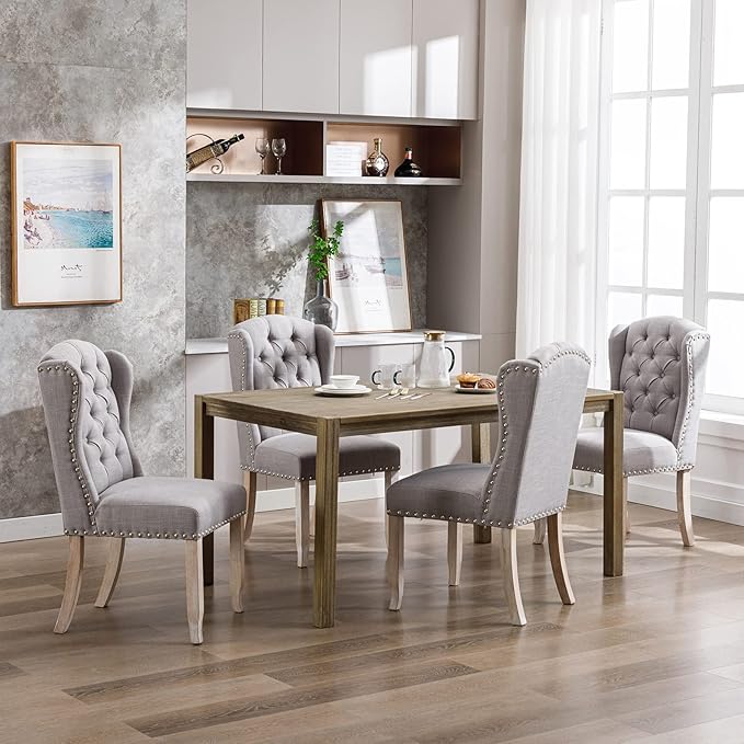 DUOMAY Modern Tufted Dining Chairs Set of 4, Linen Upholstered Dining Room Chairs Armless Guest Side Chair for Kitchen Dining Room, Wingback Accent Chairs with Solid Wood, Grey