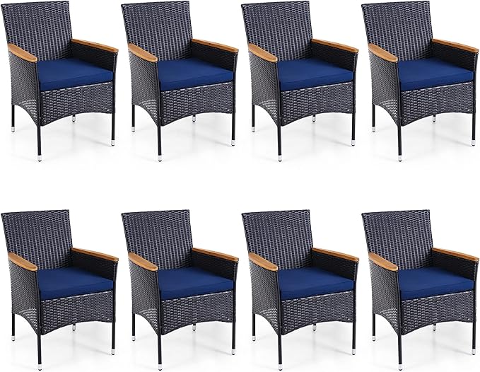 Sophia & William Rattan Patio Chairs Set of 8, 8 Pcs Wicker Outdoor Dining Chairs with Seat Cushions & Wood Armrest