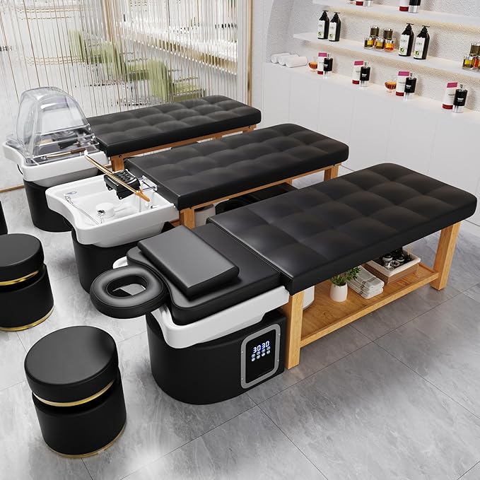 Olela Heavy Duty Head Spa Bed - Headspa Equipment with Water Cycle & Fumigation Salon Equipment, Stationary Massage Table with U Shaped Head Basin and Wood Frame for Beauty Salon