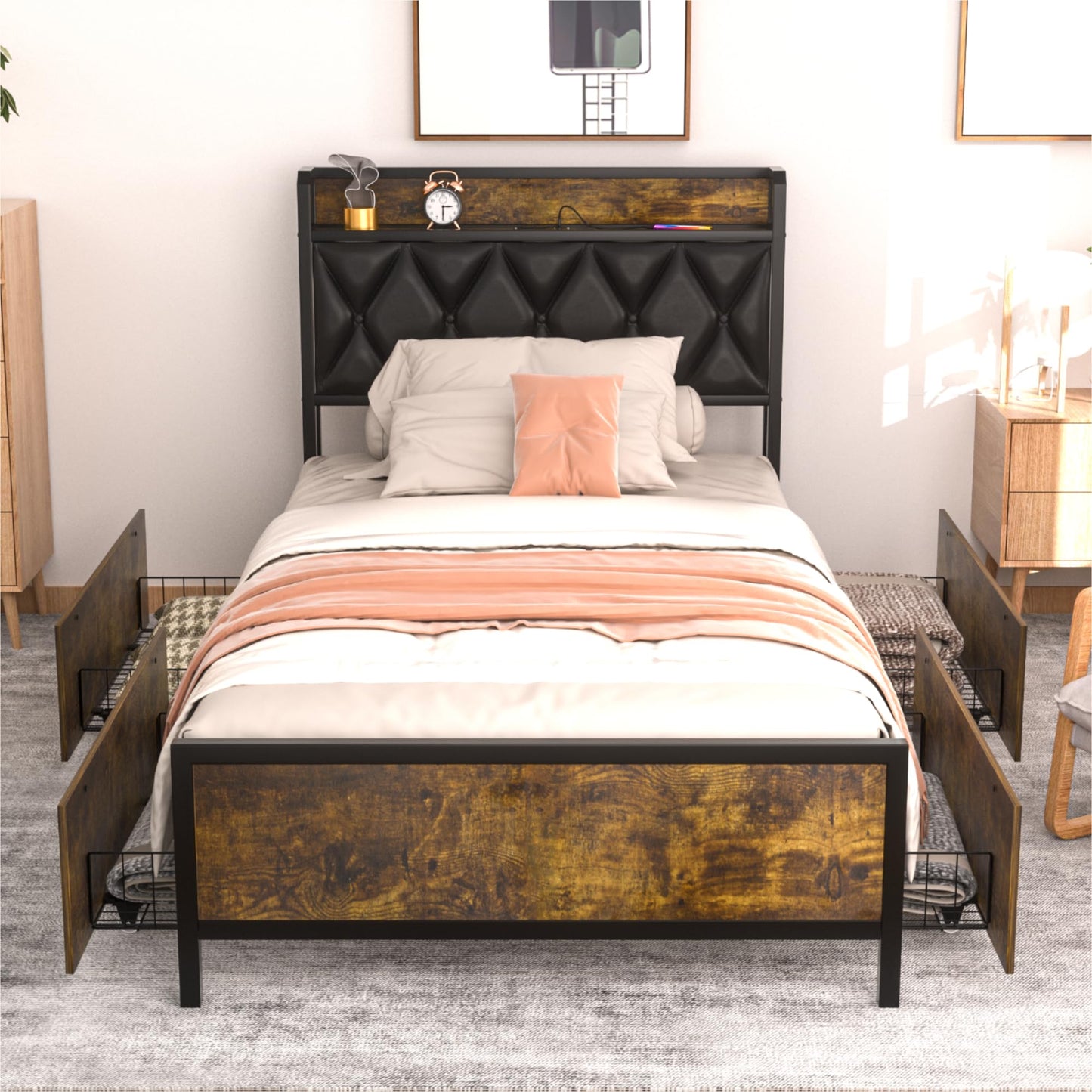 GAZHOME Twin XL Bed Frame with 4 Storage Drawers and Charging Station, Twin XL Upholstered Platform Bed Storage Headboard, No Box Spring Needed, Heavy Duty Slats, Noise Free, Easy Assembly