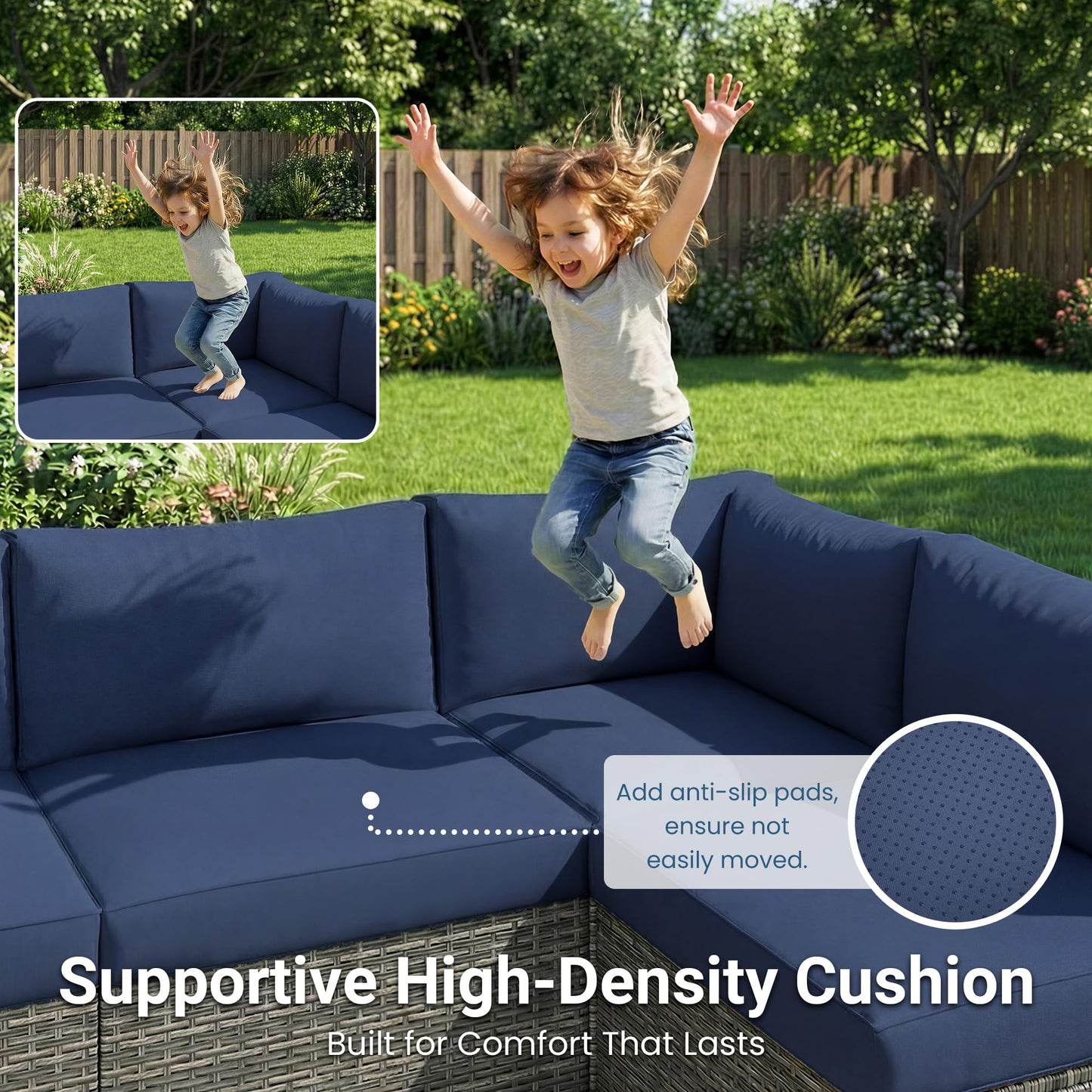 May in Color 7 Pieces Wicker Outdoor Patio Furniture Set, Patio Sectional Sofa with Coffee Table, All-Weather Outdoor Sectional Furniture for Garden Backyard, Navy Blue