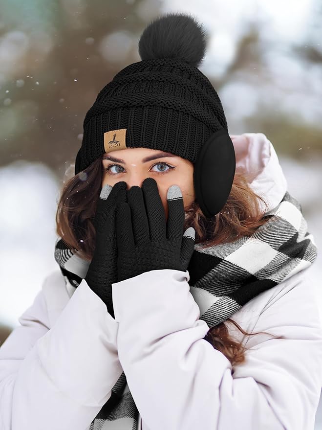 Winter Hat Scarf Gloves and Ear Warmer, Knit Warm Beanie Hat Touch Screen Gloves Long Knitted Plaid Scarf Set Gifts for Women