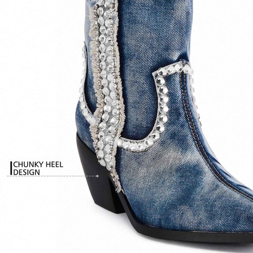 driceic Women's Blue Denim Rhinestones Mid Calf Boots Almond Pointed Chunky Block Heel Cowgirl Cowboy Boots Sparkly wide calf Western Jean Boots 6