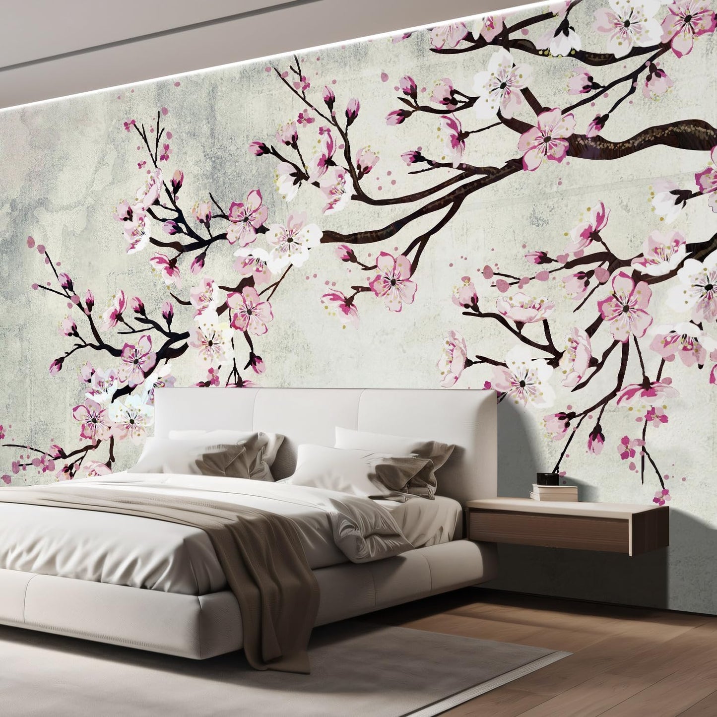 wall26 Large Wall Mural Watercolor Style Ink Painting Pink Cherry Blossom on Vintage Wall Background | Self-Adhesive Vinyl Wallpaper/Removable Modern Wall Decor - 120x120 inches