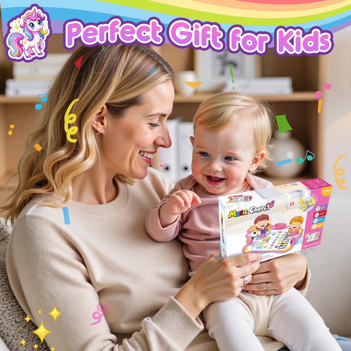 Unicorn Musical Mat for 1 2 3 Year Old Girls, 3 in 1 Piano Drum Mat Unicorn Gifts for 1-3 Year Old Girls, Toddler Toys 1st Birthday Presents for Kids Early Educational Music Toys