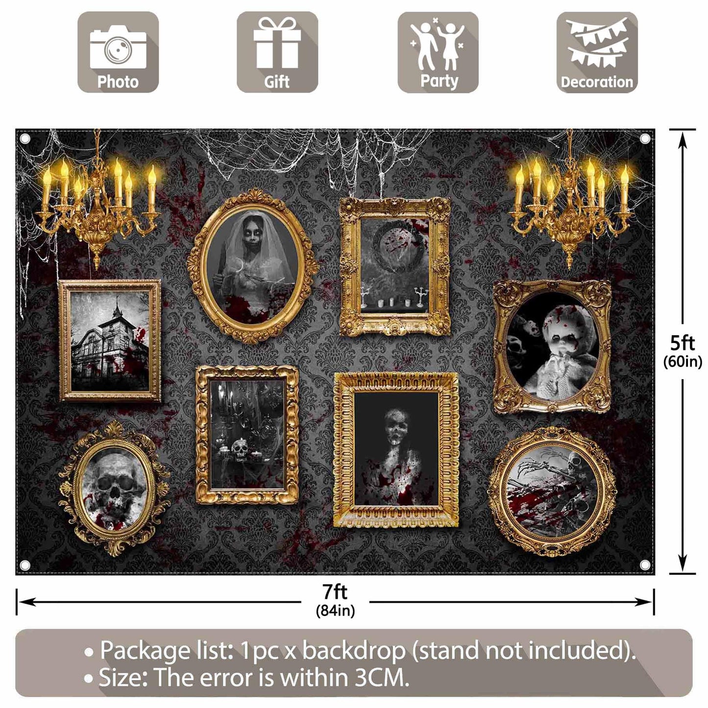 ZTHMOE 7x5ft Polyester Halloween Haunted House Photography Backdrop Gothic Horror Photo Frames Background Scary Spider Web Blood Party Decorations Photo Banner Props with Four Holes Easy to Hang