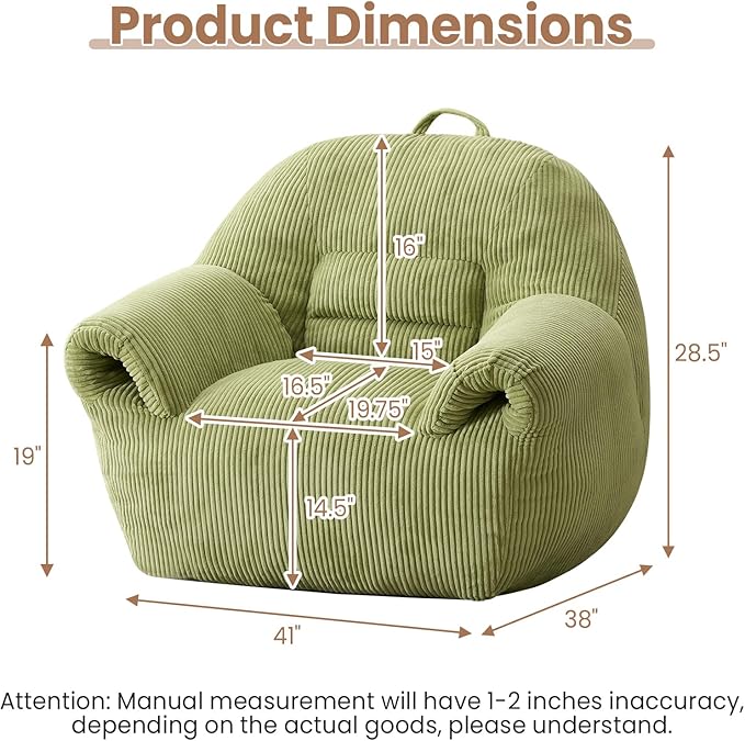 Peace nest Bean Bag Chair with Memory Foam Filled Ultra Soft Corduroy Cover for Adults Comfy Fur Bean Bag Chairs with Armrests for Bedroom Living Room Office Dorm Reading Green