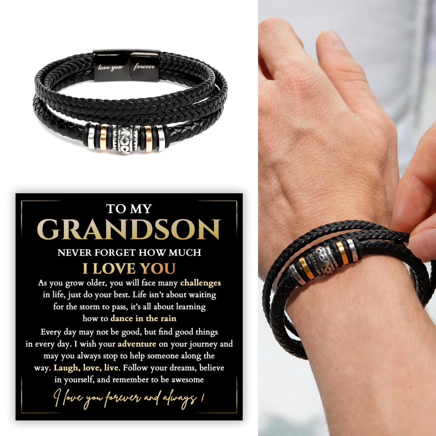 To My Grandson Bracelet, Grandson Bracelet From Grandma, Grandsons Gift From Grandparents, Anniversary Graduation Valentine Christmas Birthday Gifts For Grandsons With Message Card And Gift Box