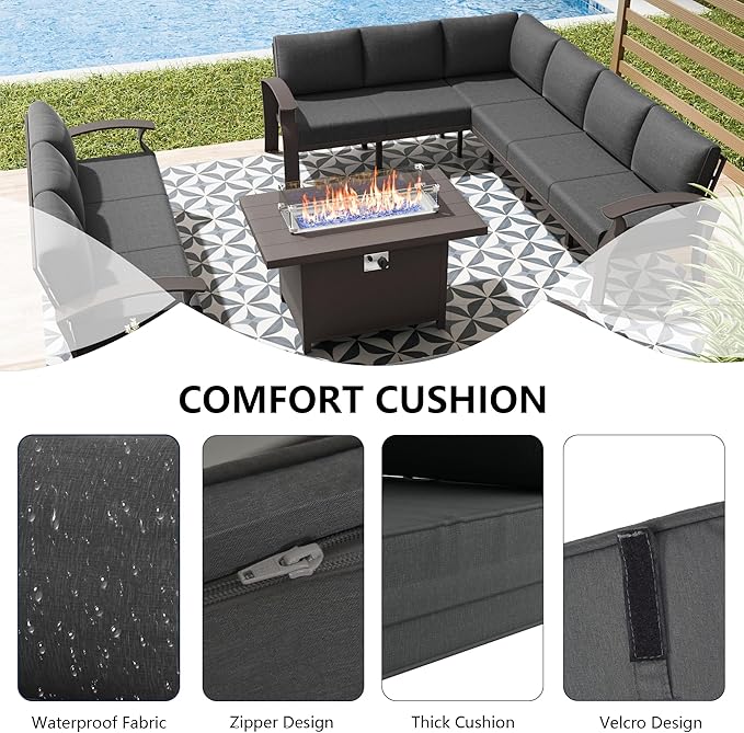 RTDTD Aluminum Outdoor Patio Furniture Set,11 Seats Patio Conversation Sets with 45" Propane Fire Pit Table,Metal Patio Sectional Furniture Set with 5.1" Thickened Cushions,Grey