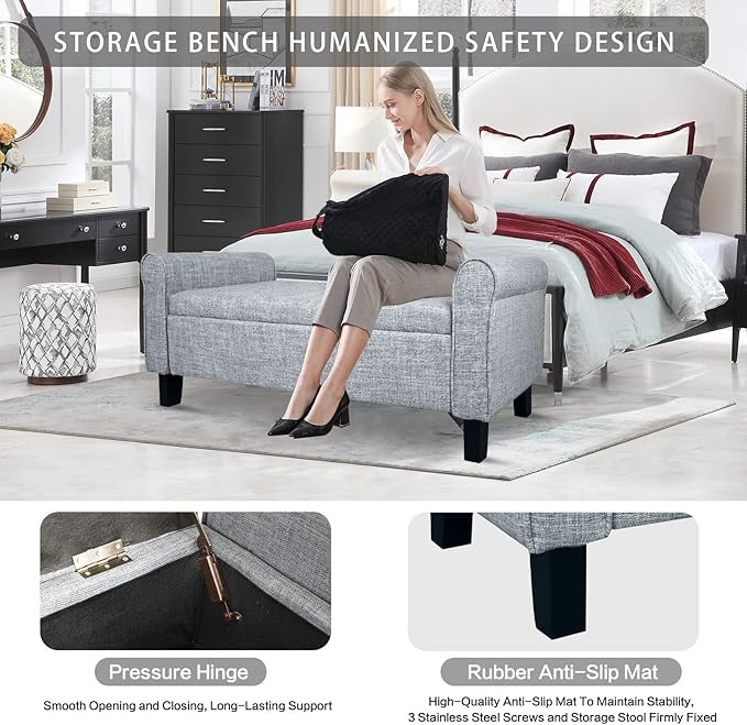 Babion Storage Bench for Bedroom, Button Linen Fabric, 51 Inch, End of Bed Storage, Upholstered Rolled Arm Window Seat with Solid Wood Legs, Dark Grey