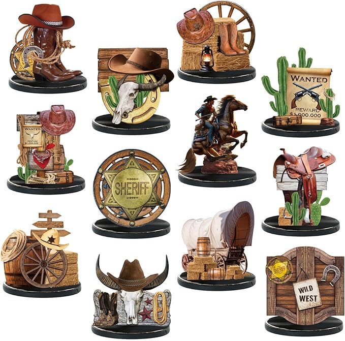 Colingmill 12 Pcs Western Centerpieces Wild West Party Decorations 3.94 Inches Christmas Western Wooden Centerpieces for T...
