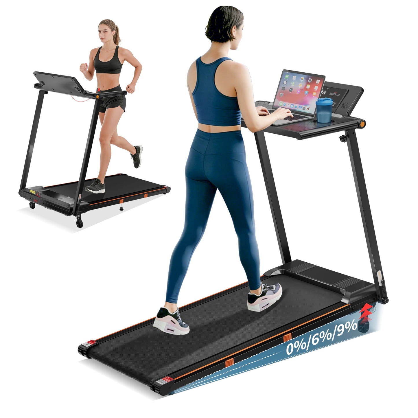 Under Desk Treadmill with Incline, 3-in-1 Walking Pad Treadmill with Desk Workstation, 0.6-8 MPH Folding Compact Treadmill for Home Office, 300 lb Capacity, Bluetooth Speaker