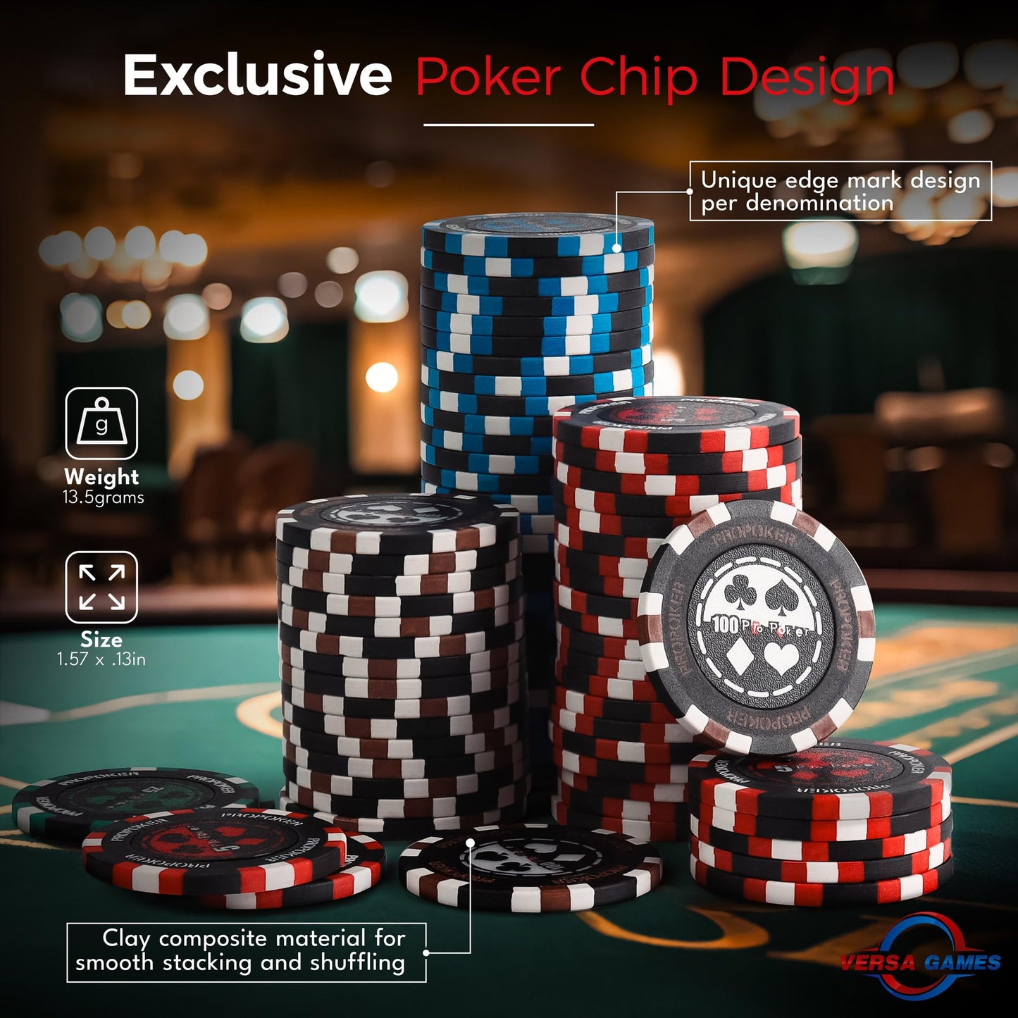 Versa Games Pro Poker Chips - Poker Set 13.5g 500 Piece Casino Clay Poker Chips with Denomination Numbers for Texas Holdem - New Upgraded Poker Chip Case