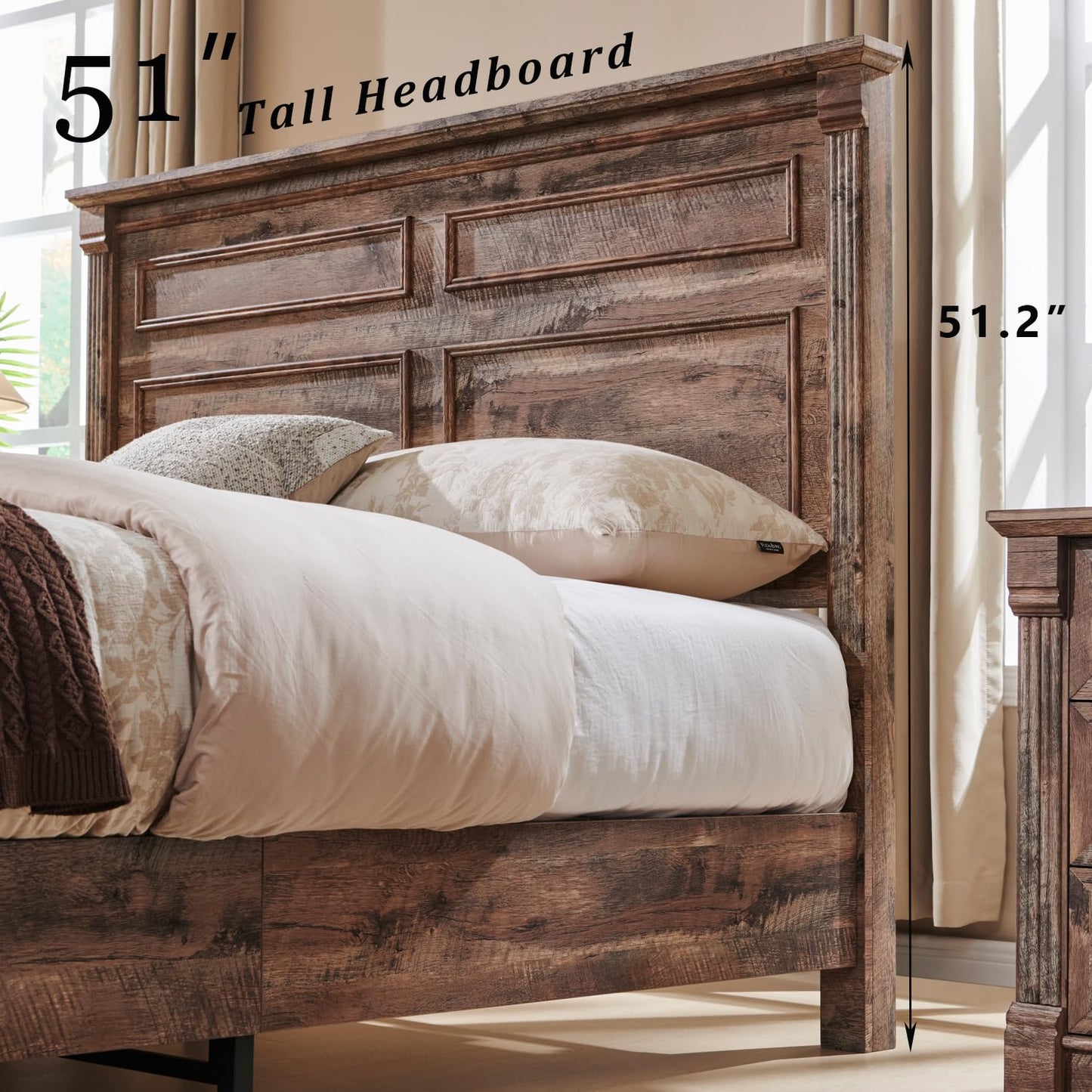 Aitjunz Farmhouse Queen Size Bed Frame with 51" Tall Headboard, Wood Platform Bed Frame with 20" Tall Roman Column Decoration Footboard & 2 Large Storage Drawers, No Box Spring Needed (Light Brown)