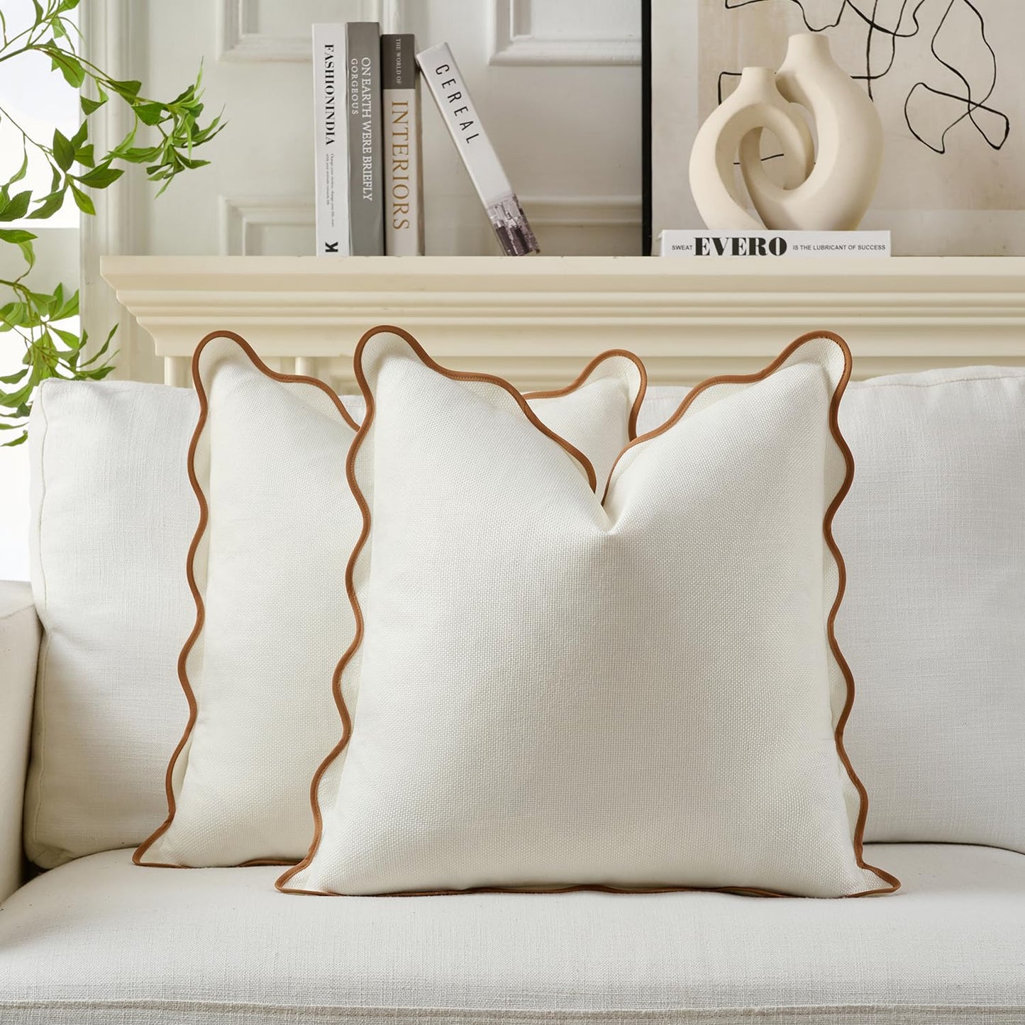 Mayler Yee Scalloped Throw Pillow Covers Set of 2 for Living Room, Cotton & Linen, Boho Sytle Decorative Home. Fabric Feels a Little Stiff, Because Scalloped Edges Require (Beige & Brown, 18x18 Inch)