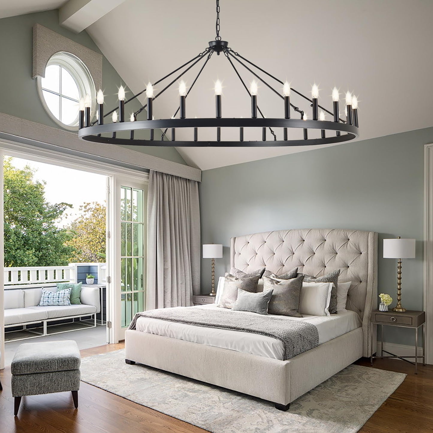 ZBMYRBZJ Large black wagon wheel chandelier 64 inch,30-Light Farmhouse wagon Wheel Chandeliers Round Industrial ceiling light fixtures for outdoor porch high ceilings Living Dining Room Foyer Entryway