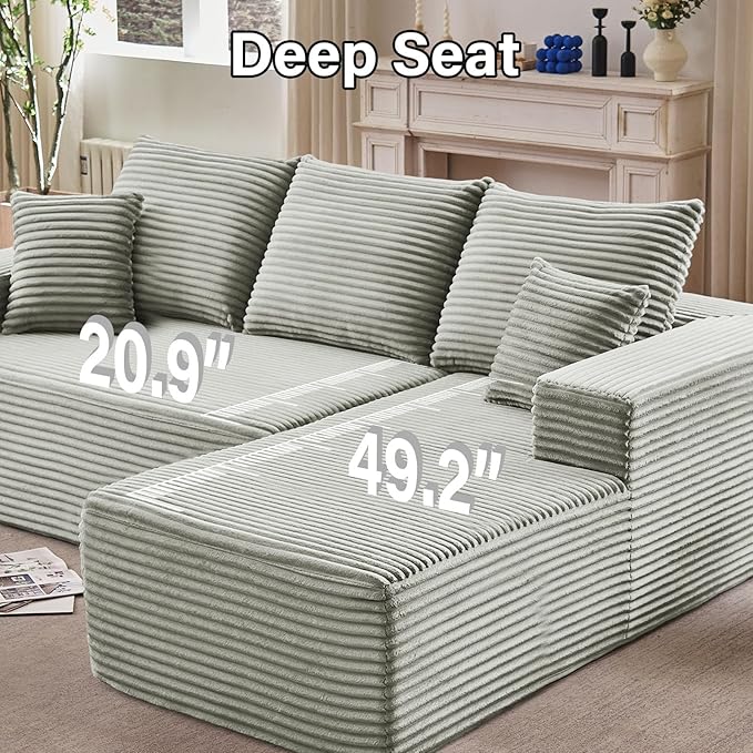 107" W Cloud Sectional Couch with L-Shape Chaise, Modern Corduroy Boneless Couch for Living Room,Memory Foam Sofa with Deep Seat,No Assembly Required (Grey,Right-Facing Chaise)