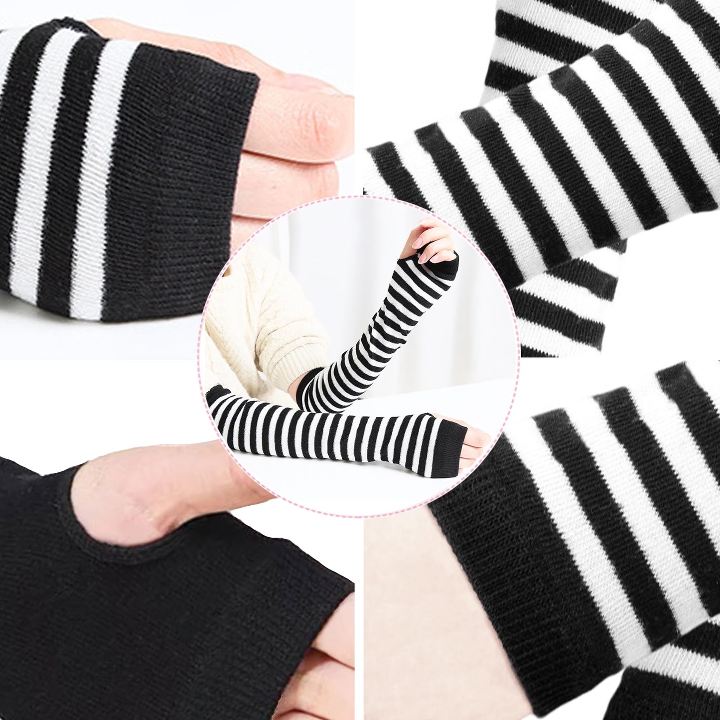 UTTPLL Womens Punk Gothic Long Arm Warmers Fashion Striped Fingerless Gloves Winter Warm Knitted Stretchy Mitten Thumb Hole Wrist Warmer Halloween Costume Stripe Black Grey